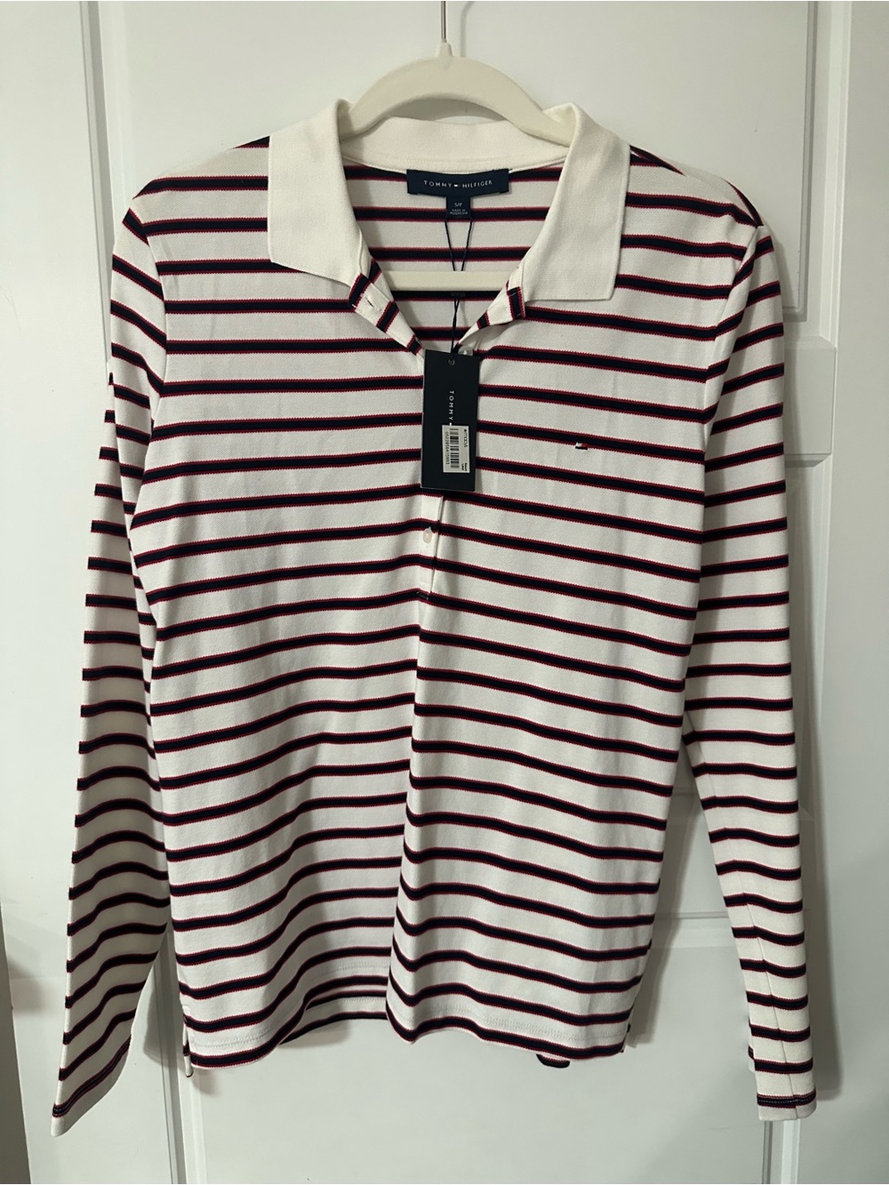 Tommy Hilfiger Long-Sleeve Striped Polo in White and Burgundy